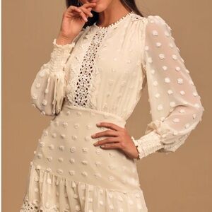 Lulu's Lust or Love Cream Embroided Long Sleeve Lace Dress